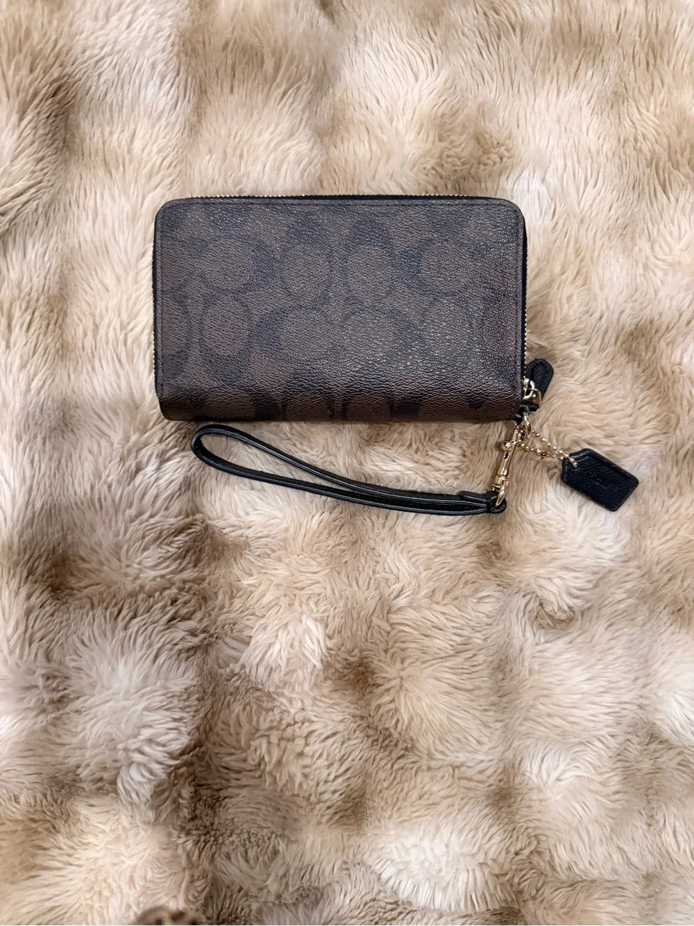 COACH Signature Zip-Around Wristlet Wallet – Brown & Black